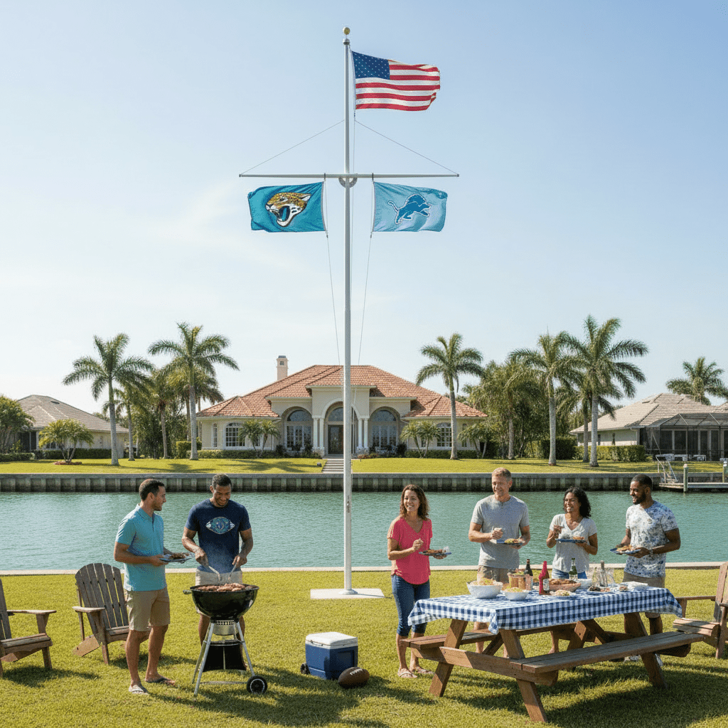 Waterfront BBQ With Jaguars And Lions Nautical Flagpole