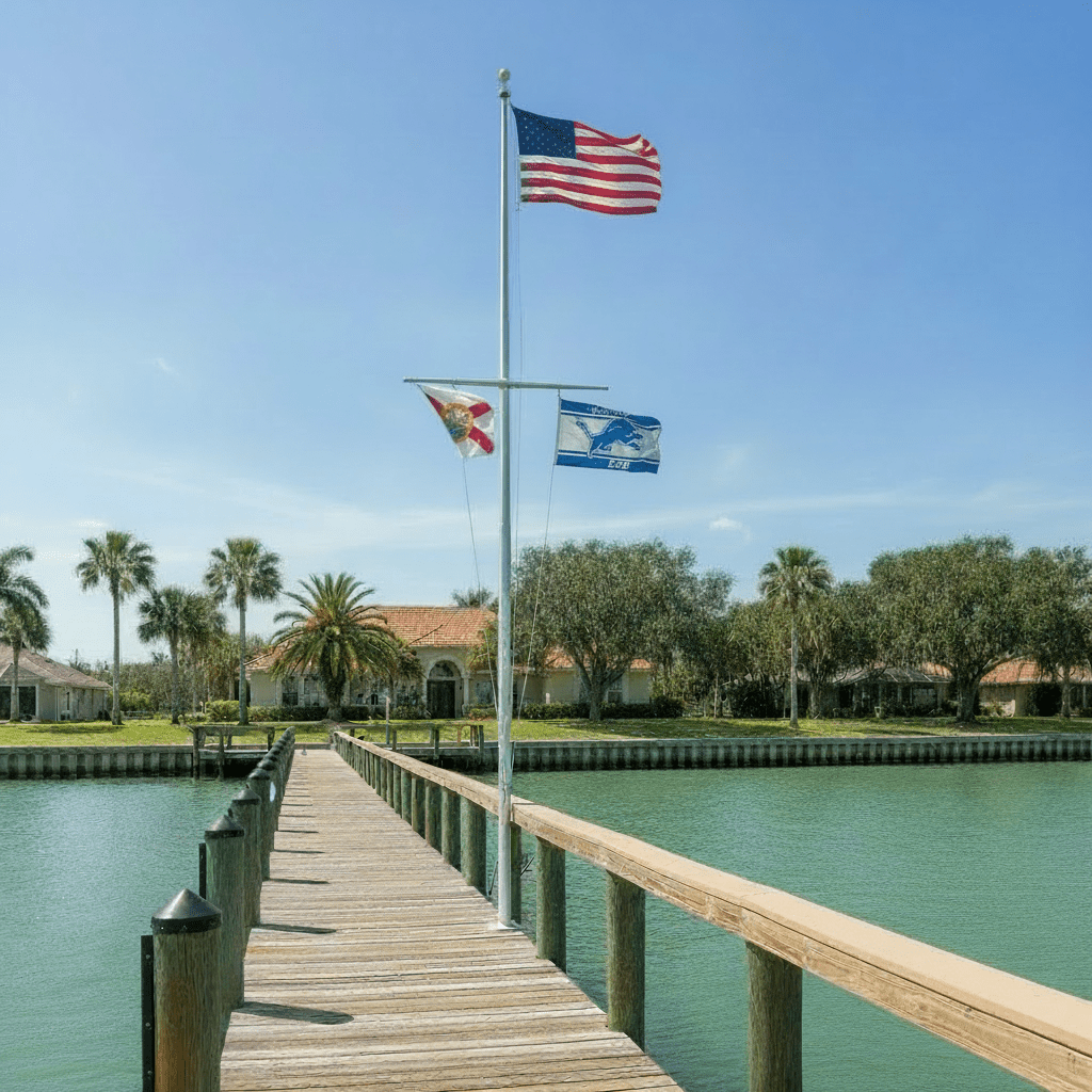 Nautical Flagpole With U.S., Florida, And Detroit Lions Flags